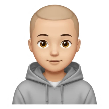 Light skin tone
Buzz cut (very short hair)
Thick, straight eyebrows
Big round brown eyes
Small closed-mouth smile
Wearing a grey hoodie over a white T-shirt sticker