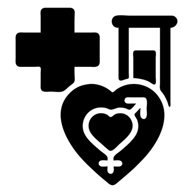 Professional symbol for sexual health clinic with medical cross, test tube, and subtle heart icon sticker