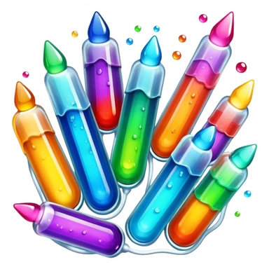 Create an icon that represents decorative arts using epoxy resin in tubes. The design should feature colorful tubes of resin, including fluorescent resin tubes, with visible drops or strokes of resin being applied to create intricate designs. Include examples of finished resin jewelry or decorative pieces, such as pendants, rings, or abstract art. The composition should feel vibrant and artistic, highlighting the creative and glowing nature of resin crafting. The background should be transparent. sticker