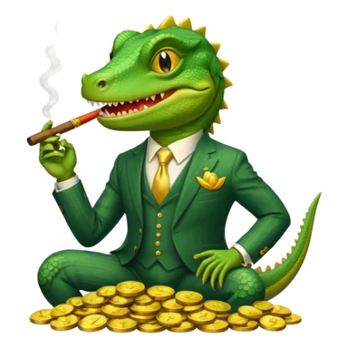 lizard in a pinstripe suit, grinning, holding a cigar, sitting atop a pile of gold coins, apple emoji style, no text sticker