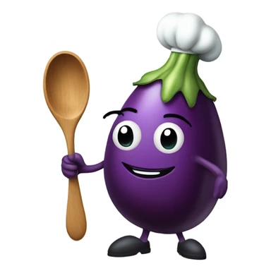 Eggplant with stem wearing chef’s apron on holding spoon sticker