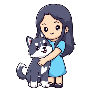 beautiful girl with long black hair holding a cute husky puppy sticker