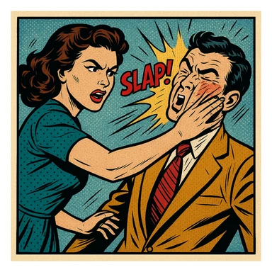 a comic-inspired panel of a woman slapping a man, featuring energetic movement and classic comic shading sticker