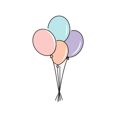 Colorful birthday balloons with strings. Hand-drawn doodle style using pastel colors (pink, light blue, lavender, peach). Simple festive balloon bunch with different shapes and sizes. Celebratory design perfect for birthdays. sticker