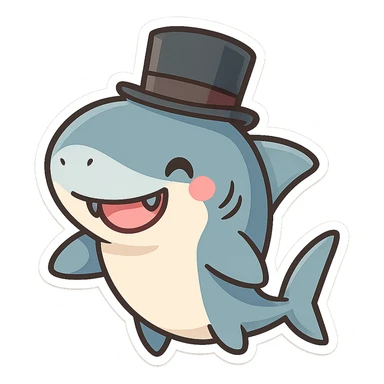 a cute shark character with a top hat, friendly and approachable, fun and expressive, cartoon style, playful sticker