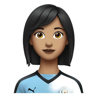 short hair girl, crunchy curtain bangs, with pixie back hair, black hair, dark brown eyes, with short eyelash, tan skin plump lower lip with a darker of shade on the upper lip, wearing a Manchester City jersey 24/25 season sticker