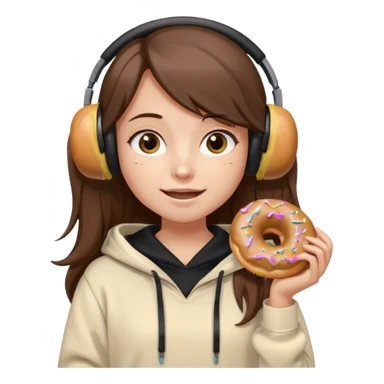 a girl with long brown hair green and wearing black headphones she is wearing a cream coulor baggy hoddie she is happyish holding a donut sticker