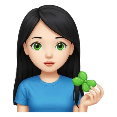 A girl with long black hair and black eyes wearing a blue t-shirt holding a piece of green hard candy in one hand and a green candy wrapper showing a guava on it in the other hand sticker