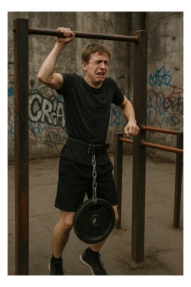 Giovane atleta neofita, fisico normale e non ancora sviluppato, si allena per la prima volta in uno spazio urbano per streetlifting: sbarra per trazioni, parallele, e pesi appesi alla cintura. Ma si è infortunato perchè non faceva le cose con la giusta tecnica. sticker