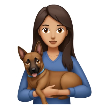woman with long dark brown hair holding a Malinois dog in her arms sticker