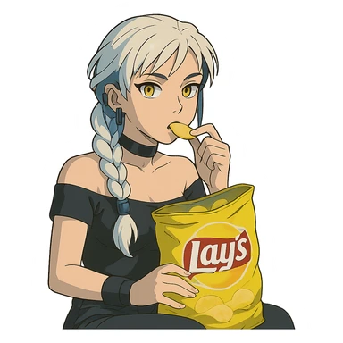  she is snacking out of a huge bag of lays-chips, a closeup portrait of young woman with gold yellow eyes, white hair, long braid, black off-shoulder top d-cup, punk gothic style, futuristic cyberwave cyberpunk, sitting position
 sticker
