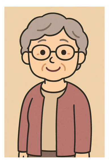 elder woman with glasses, irasutoya style, flat toon, smiling, short gray hair sticker