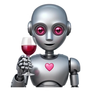 Un robot elegante con vino en la mano y una sonrisa tímida y unos ojos de corazónes rosas sticker