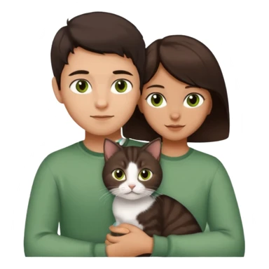 Crea un emoji donde salga un chico de pelo moreno con los ojos claros, una chica de pelo morena con los ojos marrones y UN gato europeo comun de pelaje marron oscuro y ojos verde claro, quiero que se esten abrazando el chico y la chica, y el gato este en el medio de los dos sticker
