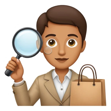 mystery shopper holding a magnifying glass and a shopping bag sticker