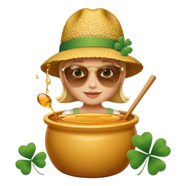 A hunny playing or eating out of a big pot of honey (like the one Winnie the Pooh played with) and have a Irish four leaf clover ground cover and a beach back drop  sticker