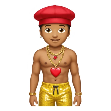LL Cool J with yellow sequin baggy pants, shirtless with necklace with red heart, black hat sticker