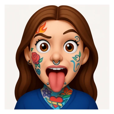 A 3D emoji in iOS emoji aesthetic style of a wild expressive person with colorful tattoos, multiple facial piercings, sticking out their tongue and making a funny face, glossy Apple-style design, clean white background, vibrant and bold look. sticker