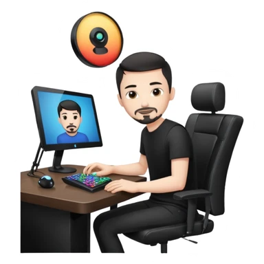 a setup of a youtuber, white skin, thin goatee, black short hair, with a desktop pc on a table, a gaming chair, microphone, white ring light sticker