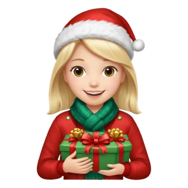 a girl wearing a chirstmas jacket and scarf and holding a christmas gift sticker