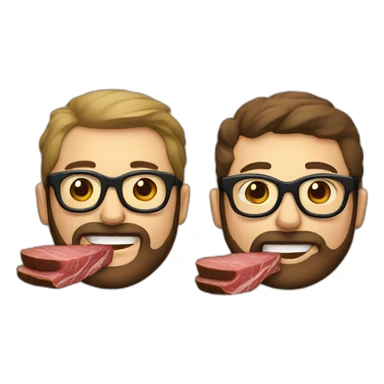 two males eating steaks both with glasses and one with beard sticker