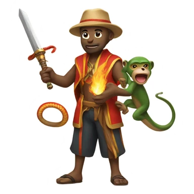 man with a monkey breathing fire and a pet snake using a sword sticker