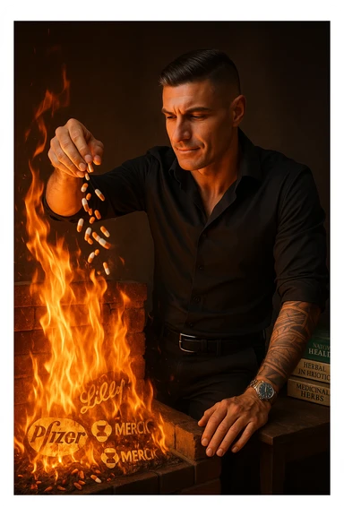 "Enlightened man throwing antidepressant pills into fireplace, flames consuming what he sees as chemical poison, expression of liberation from psychiatric medication, Big Pharma logos melting in the fire, natural healing books spread on table behind him, pharmaceutical slavery being broken through pill destruction, mental clarity returning as drugs burn" sticker