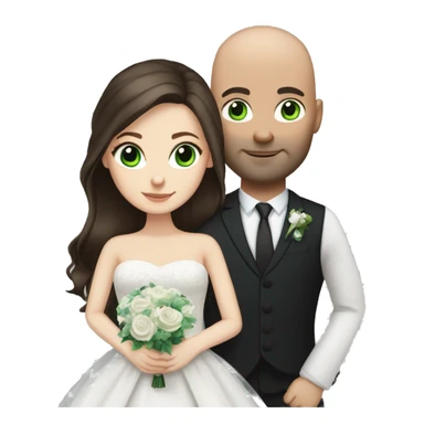 white girl with green eyes and long dark brown hair in wedding dress with bald husband with blue eyes sticker