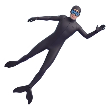 3D emoji style freediver in a black wetsuit, descending posture, seen from behind, with long black fins, black gloves, and black goggles, arms at sides, five fingers on each hand, no face details, black or deep sea background sticker