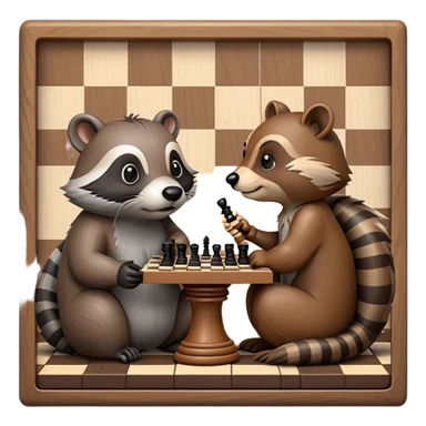 A detailed emoji of a beaver and a raccoon sitting at a chessboard, intensely focused on the game. The beaver has a thoughtful expression, holding a chess piece, while the raccoon looks mischievous, ready to make a move. The chessboard is small but c sticker