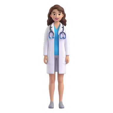 young woman, brown long wavy hair, medical white clothes, friendly, front view, smiling sticker