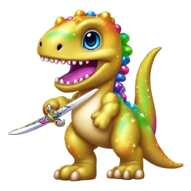 Lisa frank glitter rainbow cute dinosaur with sword and pearls sticker