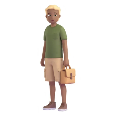 boy wearing an olive-green shirt over a brown T-shirt with beige cargo shorts sticker