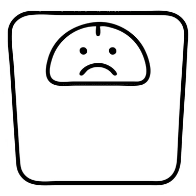 outlined icon of a scale with an unhappy face on the dial sticker
