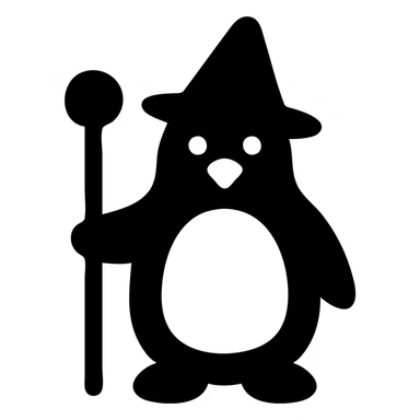 solid black icon of a penguin wizard with a pointy hat and staff sticker