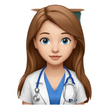 university classroom that says nursing school on the blackboard with a pretty female nursing student with long brown hair, blue eyes sticker