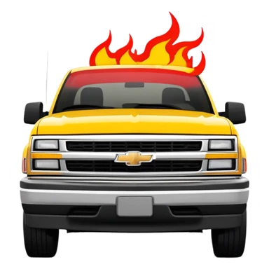 Minimalist yellow 1997 Chevrolet C-2500 Crew Cab Silverado with red flame decals across the hood front, 30-degree view, exact Kill Bill movie design, iOS emoji style sticker