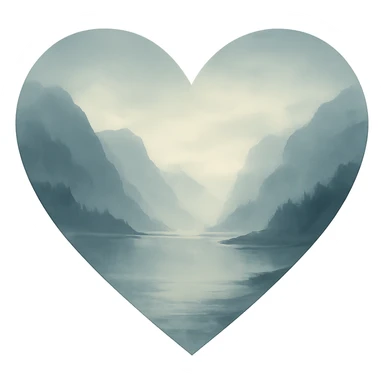heart with a misty fjord landscape, clean digital illustration, no background sticker