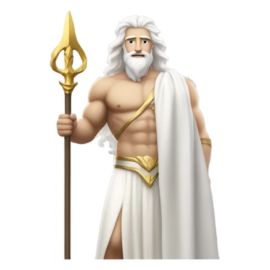 white Poseidon with gold Trident. confident face . long white hair white dress. show biceps muscle sticker