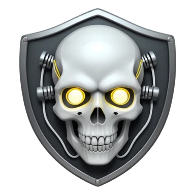 Cyberpunk shield, skull with cybernetic implants, glowing wires, dark white and white tones, no background sticker