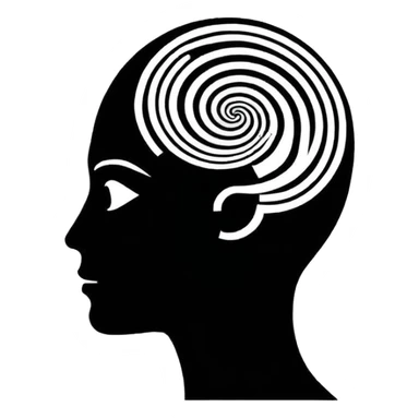 Minimalistic flat vector icon, iOS style, thin black contour on white background. Human head silhouette with spiral inside. Clean, no text, no shadows.
 sticker