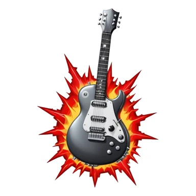 Create a bold and powerful emoji representing rock vocal performance in a humanless collage. The design should feature a vintage microphone at the center, surrounded by a heavy, aggressive hardcore electric guitar with sharp, jagged edges. Include crossed drumsticks behind the guitar, symbolizing the intense rhythm of rock music. Add fiery elements like flames or lightning bolts to enhance the raw energy of the design. Use dark, bold colors like black, red, and silver, with metallic or chrome accents to reflect the rebellious, hard-hitting nature of rock. The background should be transparent. sticker