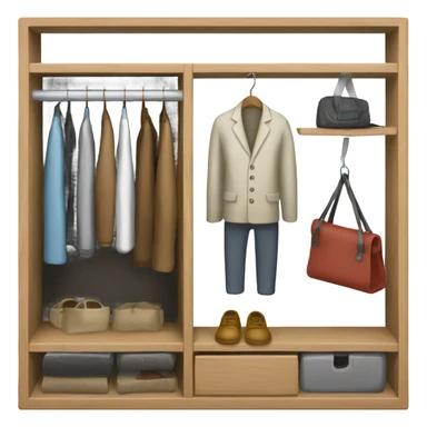 Design an emoji-style icon of an open wardrobe with clothes hanging inside. Include details like a wooden frame, hangers, and only black or white different clothing items such as shirts or any other clothing . Use a clean and minimalistic design. sticker