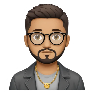 Hombre latino piel marron claro, cara estirada ovalada, gafas redondas oscuras, barba corta, pelo muy corto fade a los lados medio risado. Sonrisa leve, expresión tranquila. Camiseta gris, jacket negro abierto, collar G dorado sticker