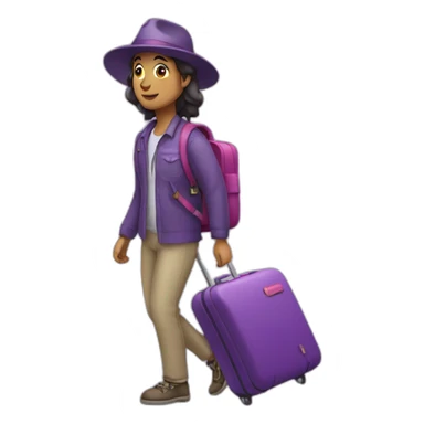a traveller walking with purple luggage sticker