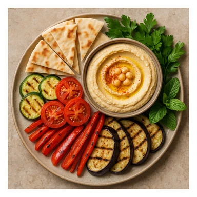 realistic Mediterranean platter with hummus, pita, grilled vegetables, and fresh herbs, top-down view sticker