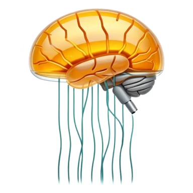 An amber translucent capsule floating in front of an ethereal brain. Thin electric filaments connect from the capsule to the brain synapses like bridges of light. sticker