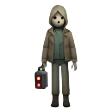 An icon depicting a dark, foggy street with eerie, abandoned buildings, inspired by Silent Hill 2. The design features a mysterious figure holding a flashlight, casting long shadows. A chilling atmosphere is created by dim lighting and unsettling details. Transparent background. sticker