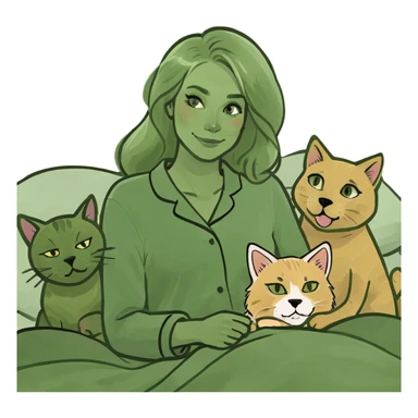 Blonde woman in bed with two cats and a golden retriever sticker