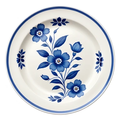 white vintage porcelain plate with blue floral decor sticker